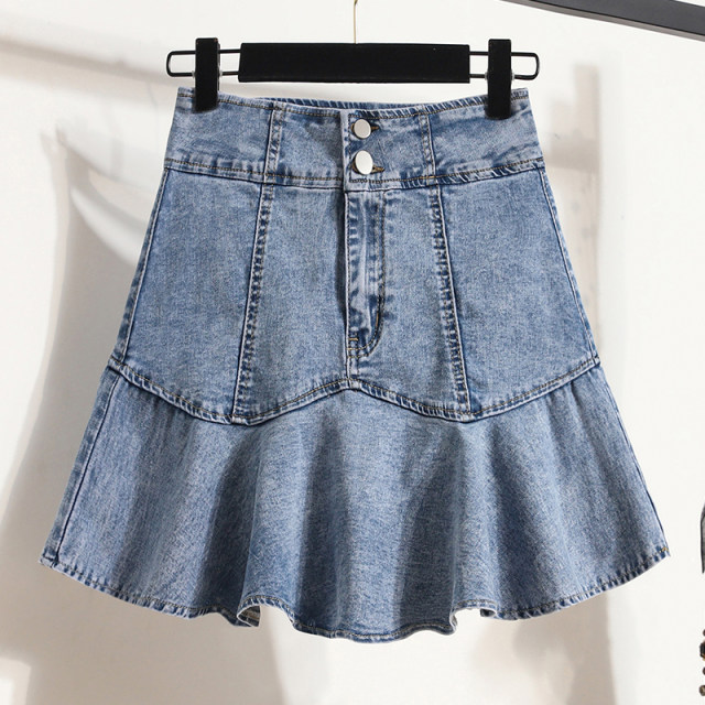 New summer ruffled large size elastic denim skirt for women with belly-covering and fat mm anti-exposure A-line skirt skirt