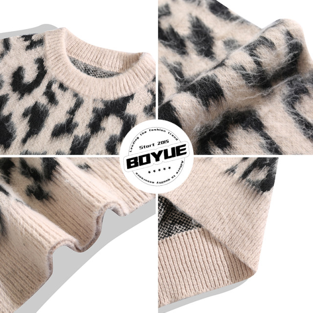 BOYUE Boyue imitation mink hair niche design leopard print sweater American fashion brand fashion casual sweater men and women