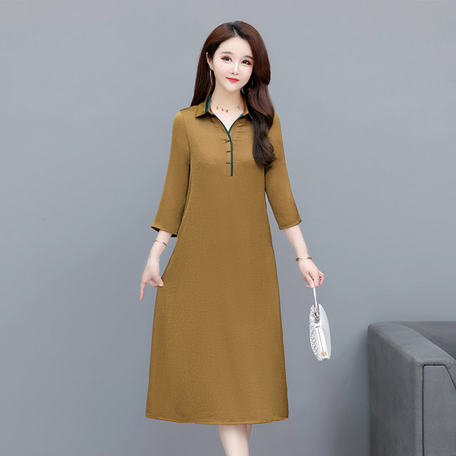 New long dress shirt collar retro short-sleeved middle-aged and elderly A-line skirt mother dress summer light and fashionable skirt