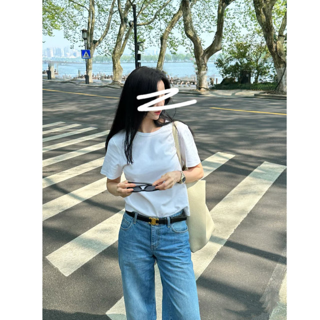 Universal ~! Simple basic solid color TR slim fit right shoulder style round neck short-sleeved stretch cotton T-shirt for women
