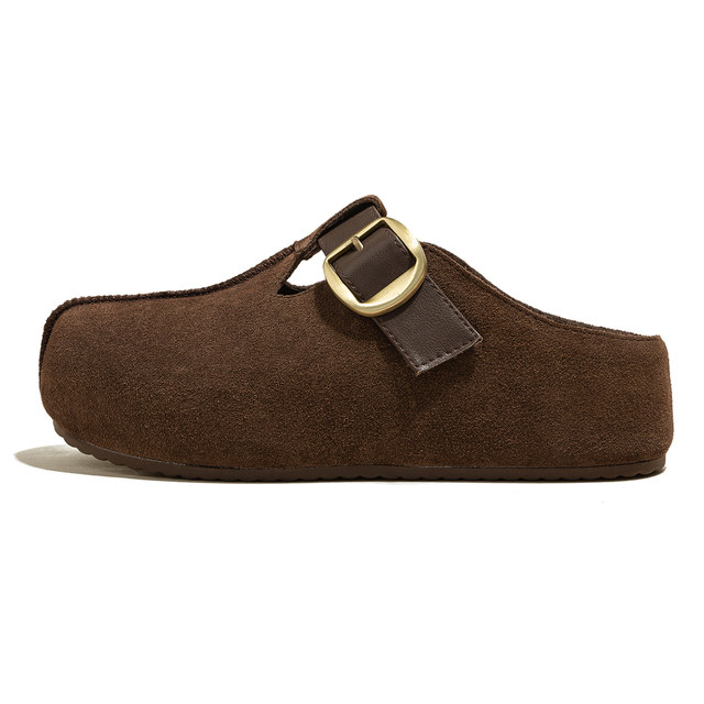 Thick-soled heightening Birkenstock shoes for women 2025 autumn new style genuine leather lazy slip-ons versatile toe-toe half slippers for outer wear