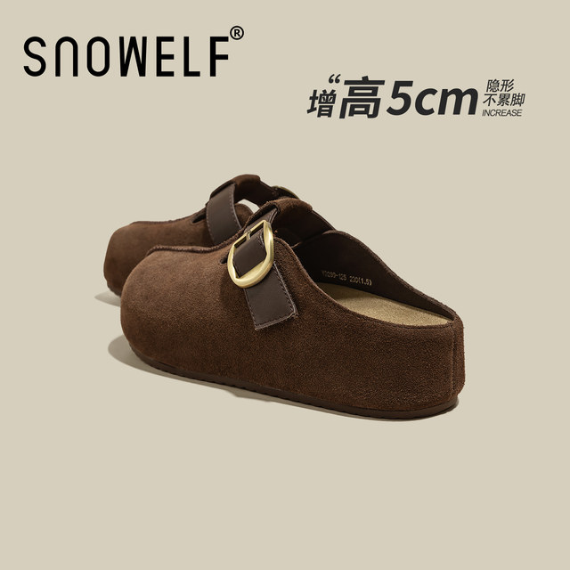 Thick-soled heightening Birkenstock shoes for women 2025 autumn new style genuine leather lazy slip-ons versatile toe-toe half slippers for outer wear