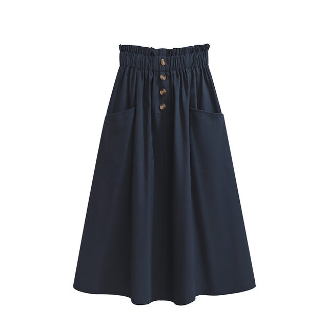Spring and summer new high -waisted thin waist pine tight waist button decorative pocket design medium long A -line skirt
