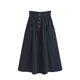 Spring and summer new high -waisted thin waist pine tight waist button decorative pocket design medium long A -line skirt
