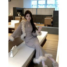 New Chinese style national style cheongsam knitted dress female autumn and winter sexy bunny skirt hairy inner brushed breast skirt