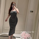 Pang Ting's large size customized fat mm net-sensory girlfriend spring and summer black and white striped waist-hugging strapless dress for women
