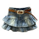 Retro hot girl high -waist A -line thin denim skirt women's summer cake skirt puffed skirt ruffled skirt