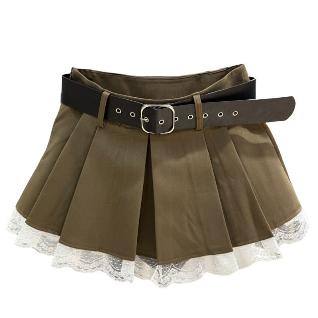 College style sweet lace-edged suit pleated skirt for women in summer new high-waisted skirt anti-exposure A-line skirt