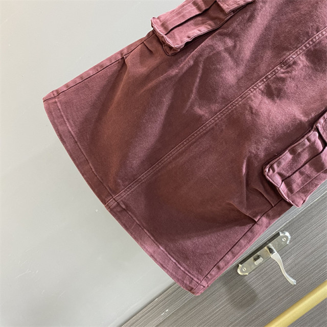 Burgundy pocket work skirt for women 2025 spring mid-length high waist cover hips and make them look slimming A-line one-step skirt ins