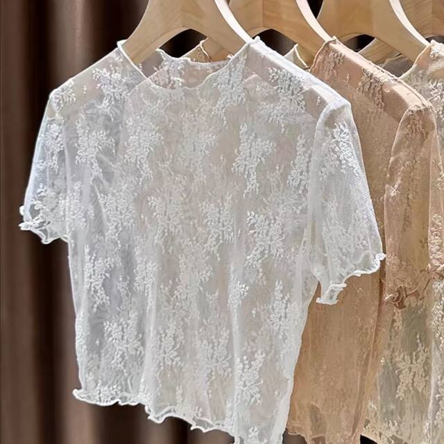 Black lace base shirt for women in summer suspender skirt for women with sexy transparent hollow mesh short sleeve T-shirt thin
