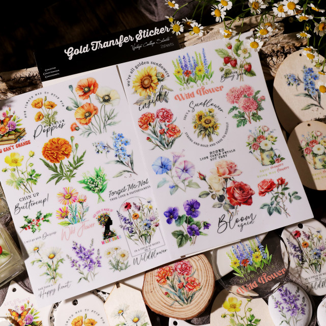 Rabbit's Waterproof Multi-Purpose Crystal Handbook Sticker Cold Transfer Paper Light Retro Sticker DIY Wildflower Water Cup Sticker
