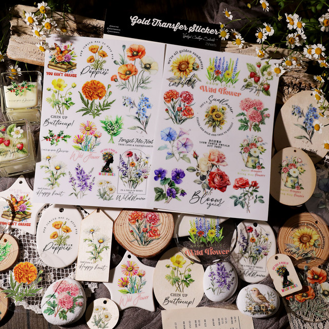 Rabbit's Waterproof Multi-Purpose Crystal Handbook Sticker Cold Transfer Paper Light Retro Sticker DIY Wildflower Water Cup Sticker