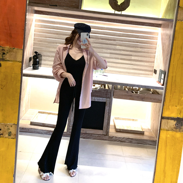 Han Yujia black high-waisted knitted pants for women draped slim fit slim flared casual trousers