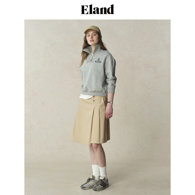 Eland Clothes Skirt Women's College Slant Slide Asymmetric Micro-Pin-Put Pleated Long Skirt 2025 Summer New Style