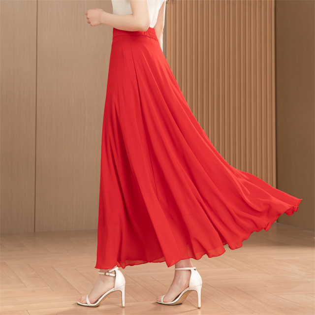 Summer long skirt, big swaying A-line skirt, zipper temperament, beach vacation, chiffon skirt, flowing and versatile dance skirt