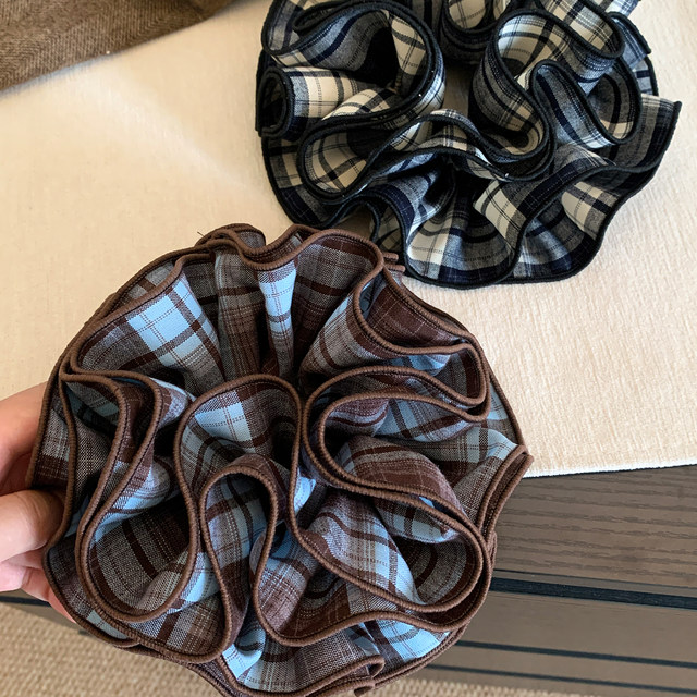 Korean retro blue plaid four-layer large intestine hair ring for women, high-end, oversized ball headband, hair tie, headband, headband