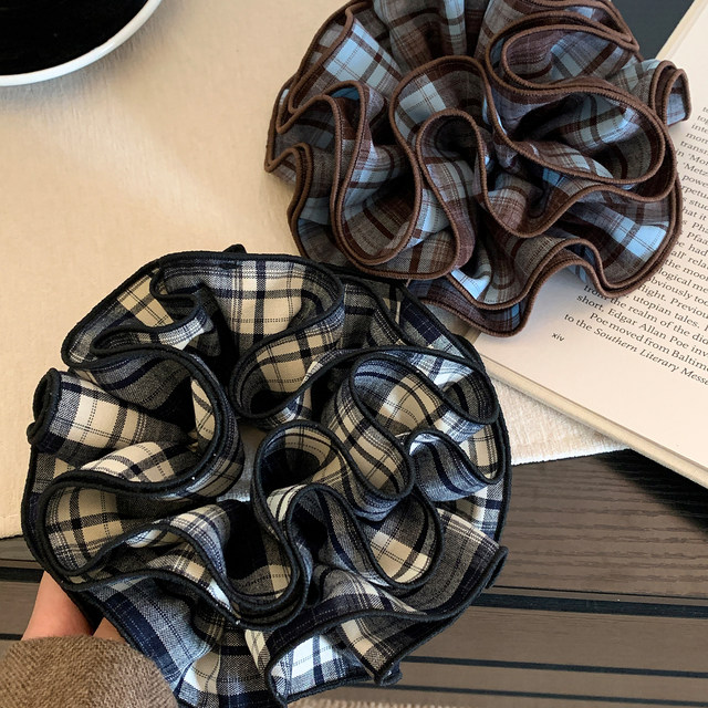 Korean retro blue plaid four-layer large intestine hair ring for women, high-end, oversized ball headband, hair tie, headband, headband