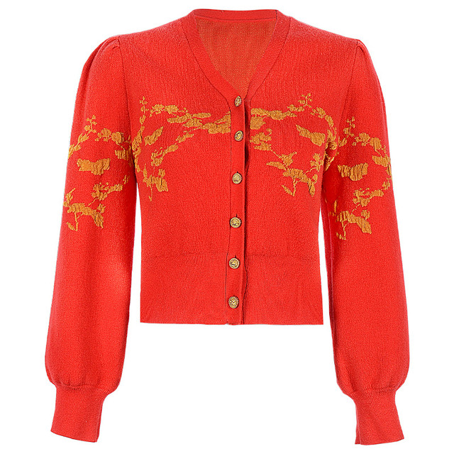 Stubborn 2025 autumn new style college style versatile temperament v-neck puff sleeve knitted sweater cardigan jacket women's clothing