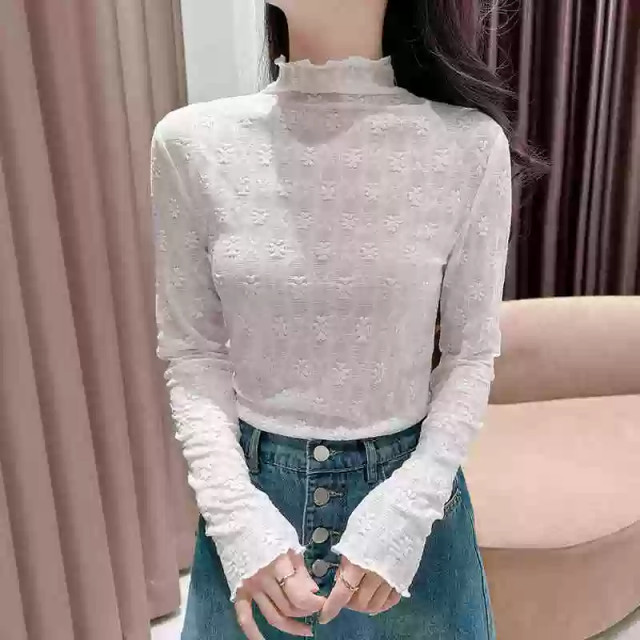 Half turtleneck mesh base shirt for women in autumn and winter new fashionable sweater with gauze clothes with black ears long-sleeved lace top