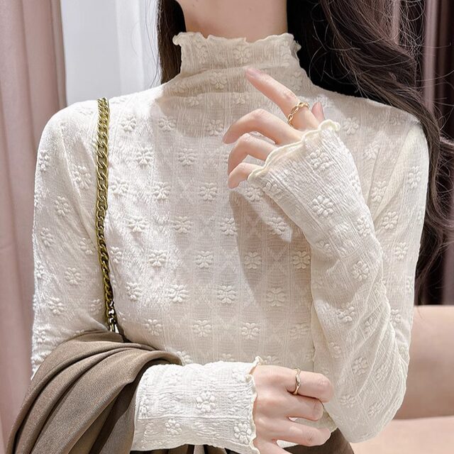 Half turtleneck mesh base shirt for women in autumn and winter new fashionable sweater with gauze clothes with black ears long-sleeved lace top