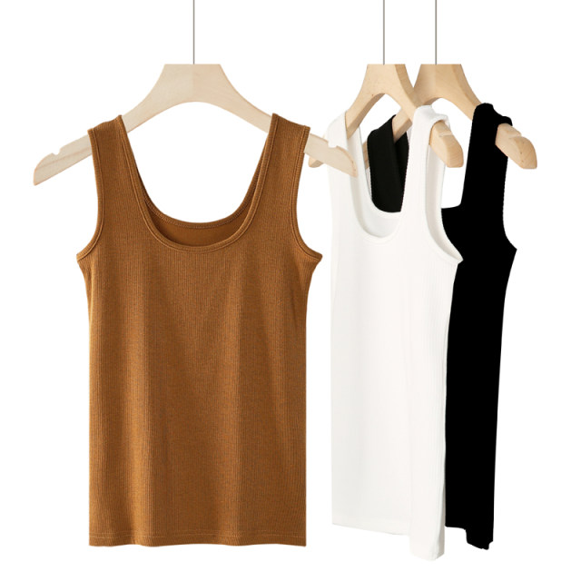 Double U-neck pure cotton vest for women with fur and velvet thickened Korean version new inner sleeveless base shirt versatile T-shirt