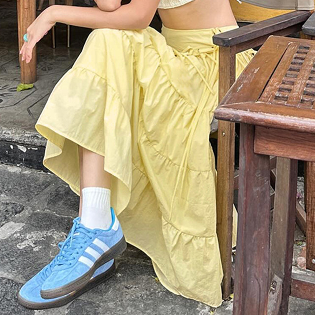 MSYOUCAN Looking forward to the bright summer dopamine yellow skirt with bow splicing lace-up versatile long skirt