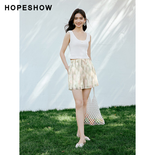 Red sleeve summer print drawstring elastic waist casual shorts