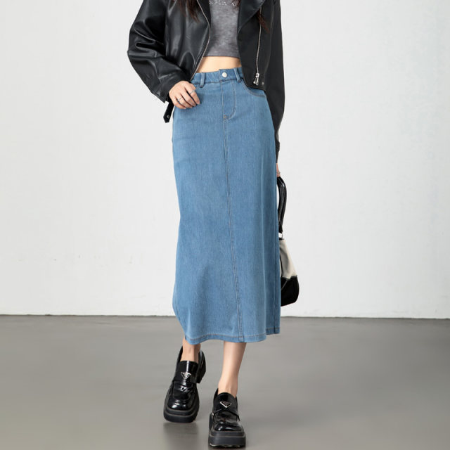 Long denim skirt for women spring and summer thin high waist women's slit long skirt dark blue pencil straight hip denim skirt
