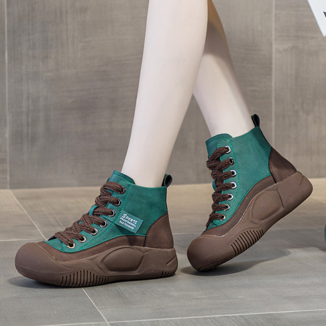 Casual thick sole women's shoes flat leather daddy shoes 2025 autumn new versatile high-top single shoes sports shoes trendy