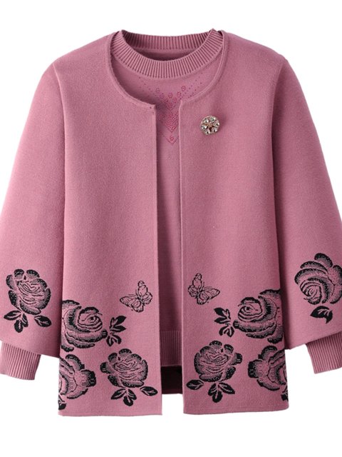 Middle-aged and elderly people plus size plus size sweater cardigan two-piece suit mother's spring and autumn women's coat foreign style wide lady's top