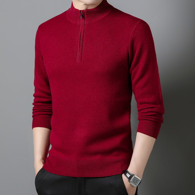 Hengyuanxiang red 100% wool sweater men's half-height zipper collar spring and autumn warm daddy's bottoming loose sweater
