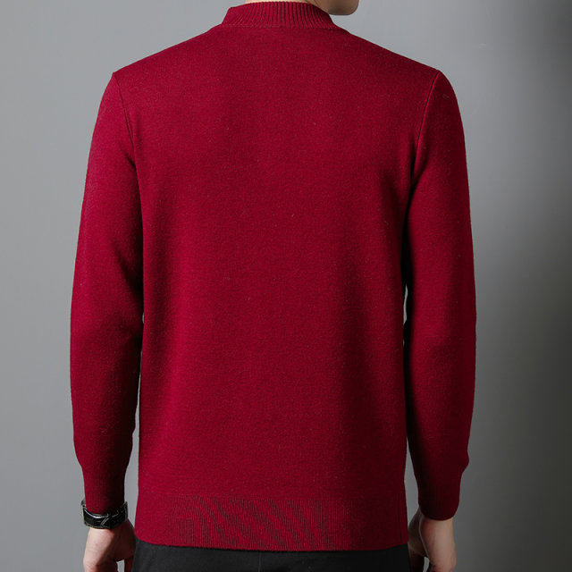 Hengyuanxiang red 100% wool sweater men's half-height zipper collar spring and autumn warm daddy's bottoming loose sweater
