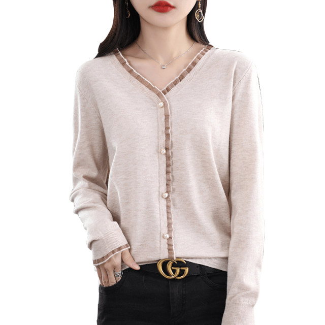 Hengyuanxiang knitted sweater single-breasted solid color sweater lace edge sweater fake cardigan long sleeve thin jacket V-neck women's clothing
