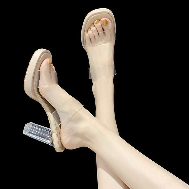 Small high heels women's sandals 2025 spring and summer new hot style transparent crystal thick heel sandals for outer wear