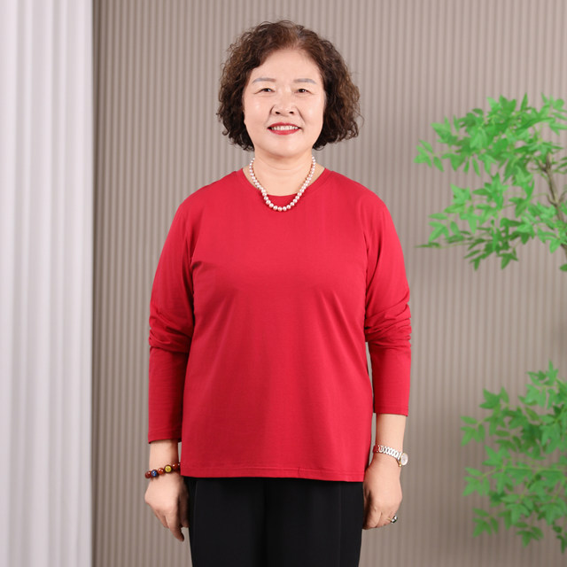 2025 new autumn pure cotton long-sleeved T-shirts for middle-aged and elderly mothers large size belly-covering bottoming shirts solid color thin autumn clothes