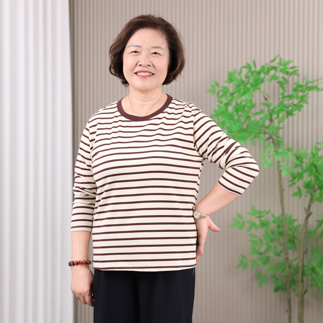 Pure cotton long-sleeved T-shirt for women mothers autumn 2025 new middle-aged and elderly large-size top casual loose striped shirt