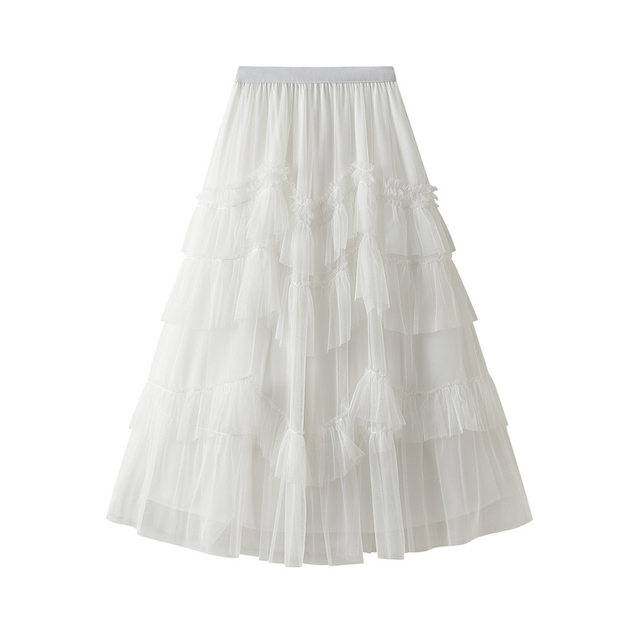 Wood fungus lace cake skirt mesh skirt 2025 spring and autumn new women's versatile long skirt gauze skirt fluffy skirt