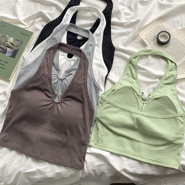 European and American vests with a hanging neck suspension female summer 2023 new chest cushion slimming outside wearing short tops