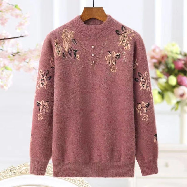 Mother's new sweater 2024 autumn and winter thickened mink velvet top middle-aged and elderly women 50 years old warm base layer shirt