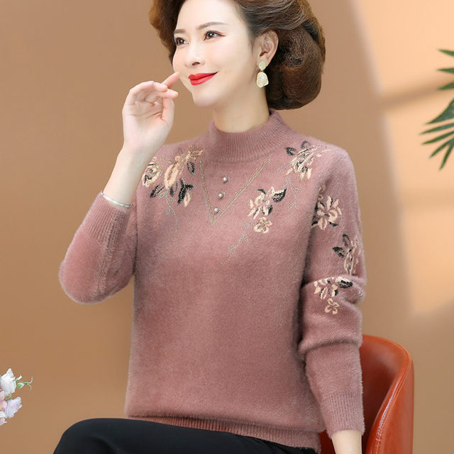 Mother's new sweater 2024 autumn and winter thickened mink velvet top middle-aged and elderly women 50 years old warm base layer shirt