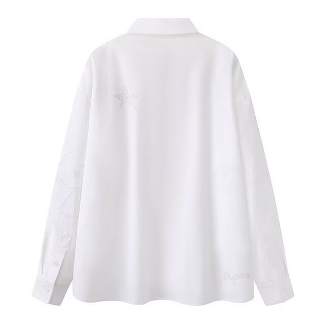 Long-sleeved lapel white shirt 2025 spring new style emotional cartoon children's fun graffiti loose silhouette versatile top for women