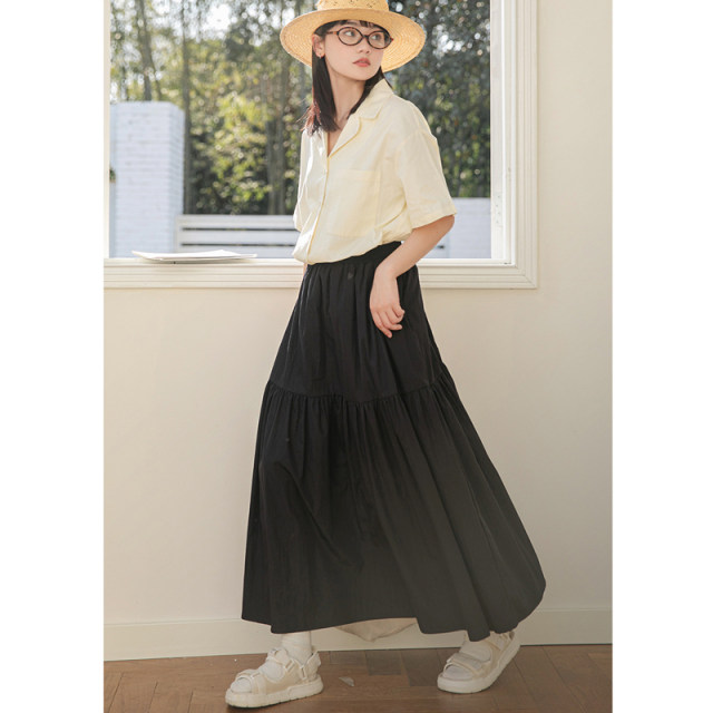 2025 summer new elastic waist versatile skirt white interfacial bag A-line skirt high-waisted slim mid-length skirt