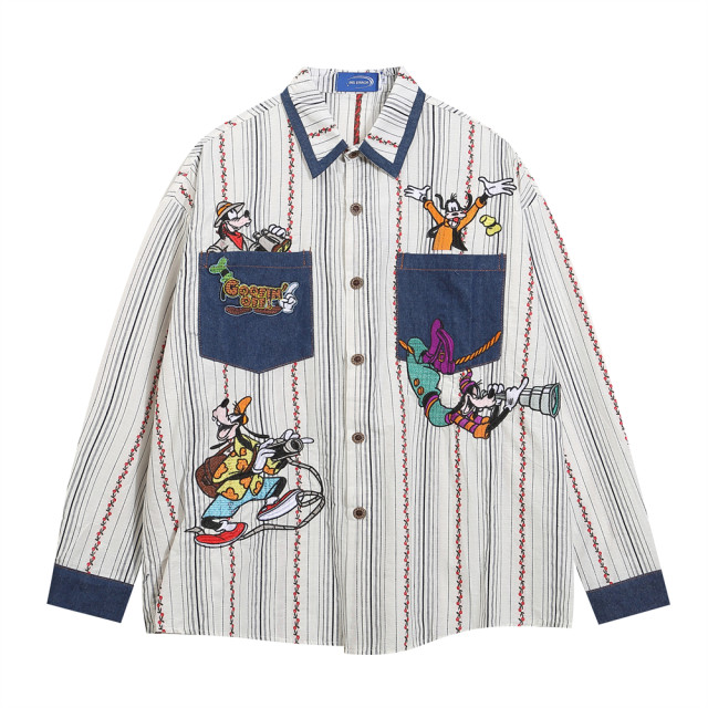 WUSUOBZ Guochao original childlike cartoon embroidered long-sleeved shirt 2024 spring and autumn loose striped shirt jacket