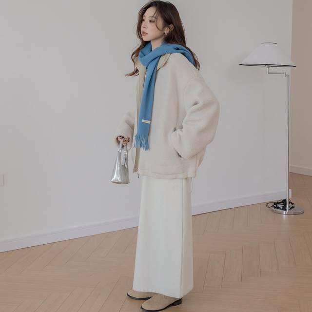 VNOOK stand-up collar embroidered lamb fur coat for women in winter 2024 new long high-end solid color double-sided top