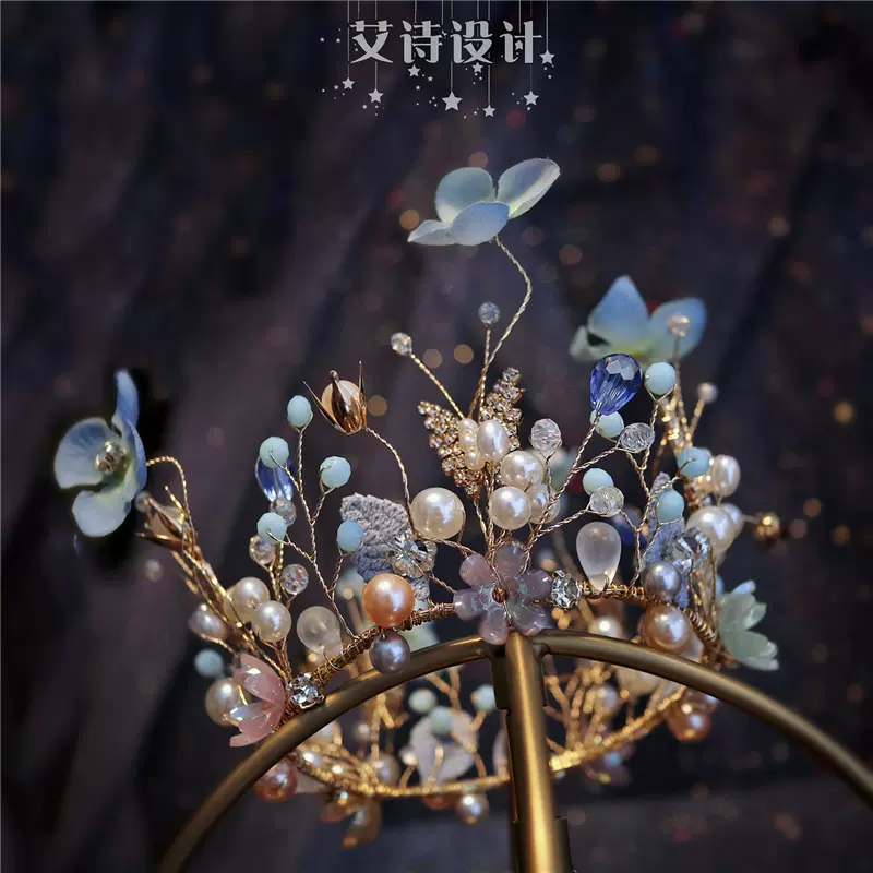 儿童皇冠头饰小清新蓝色森系儿童花王冠超仙女童公主写真走秀生日