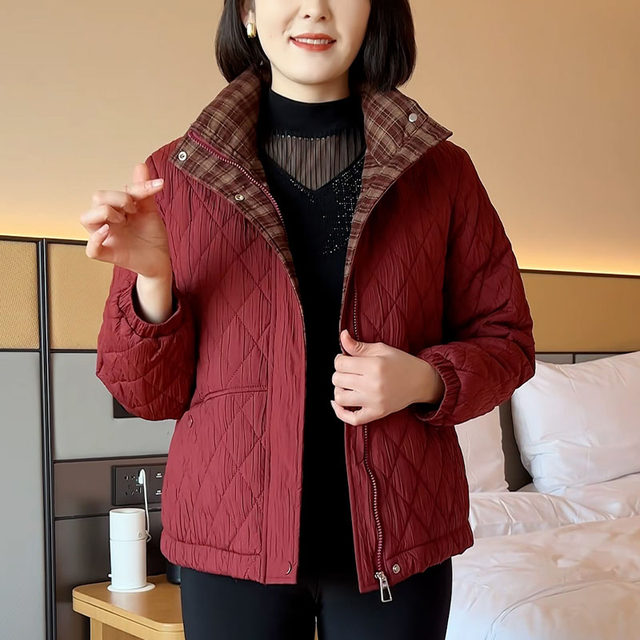 
Winter middle-aged large size plus velvet thickened stand-up collar mother's clothing fashionable casual warm diamond check short cotton coat
