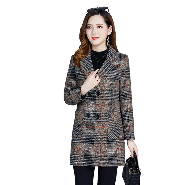 Mid-length middle-aged mother's fit-fitting style spring and autumn suit collar windbreaker large size women's plaid woolen jacket