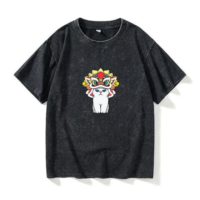 Cat pattern lion head T -shirt short -sleeved black clothes female male round neck large size loose summer couple clothes on cotton
