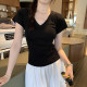 Unique niche V-neck front shoulder base shirt rasp shoulder short-sleeved T-shirt for women 2025 summer new slim slim top trendy