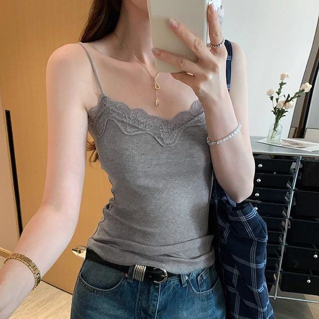 
Pure lustful grey lace lace spliced ​​sleeveless suspender vest women's design sexy slim hot girl base top